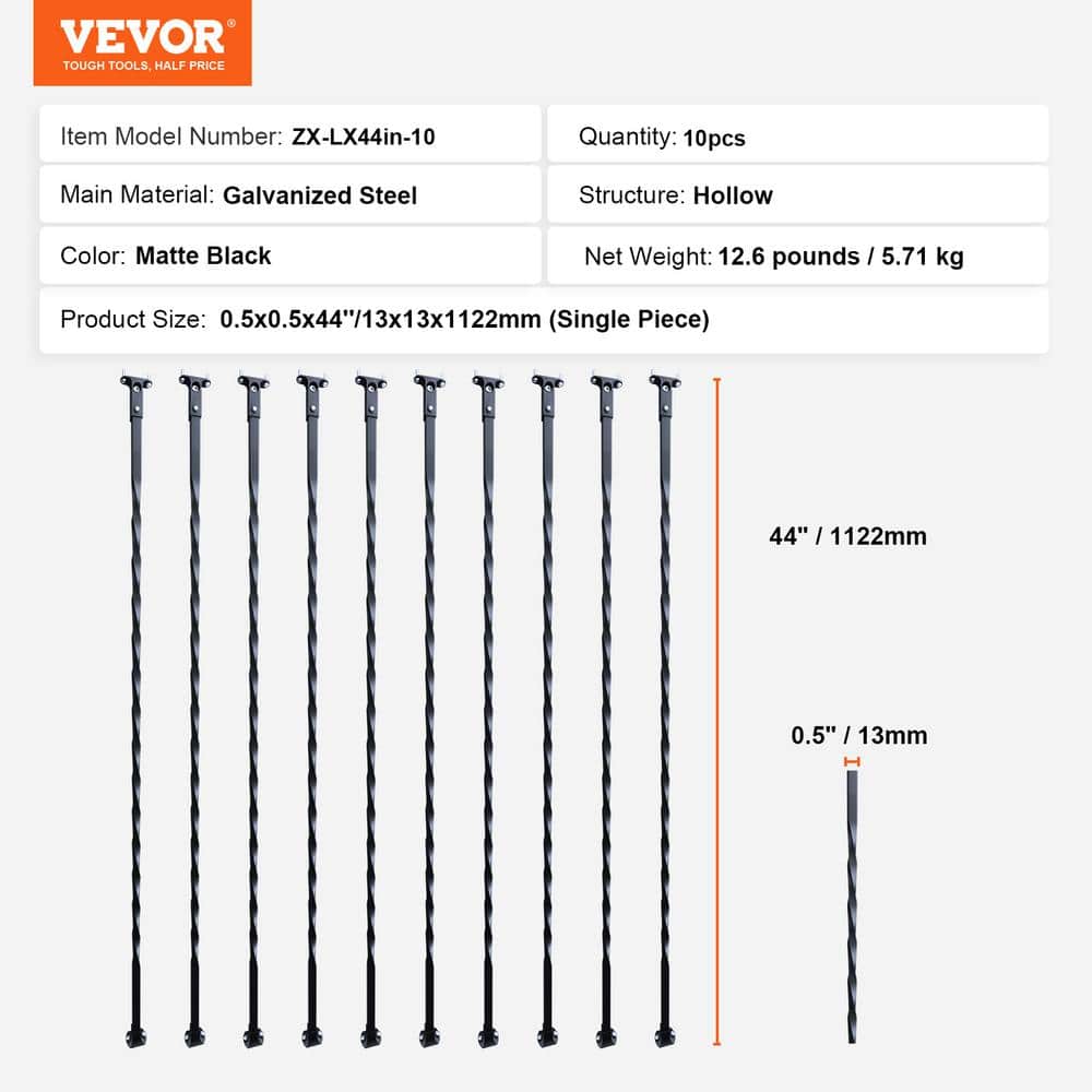 VEVOR Staircase Metal Balusters, 44 in. H x 1/2 in. W Galvanized Steel Decorative Banister Spindles, 10-Pack Deck Baluster