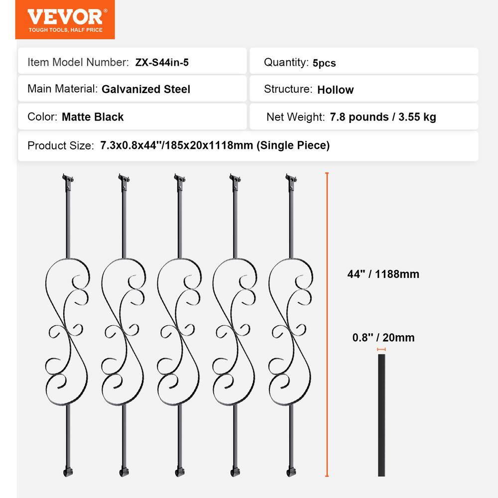 VEVOR Staircase Metal Balusters 44 in. H x 0.79 in. W Black Galvanized Steel Stair Railing Kit Deck Baluster (10-Pack)