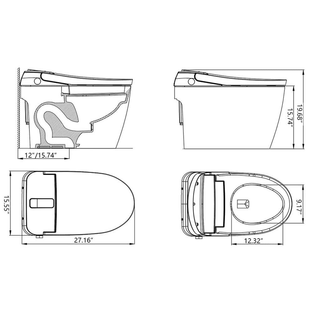 WELLFOR Smart Bidet Toilet 1.28 GPF Matte Black - LED Screen, Auto Functions, Heated Seat