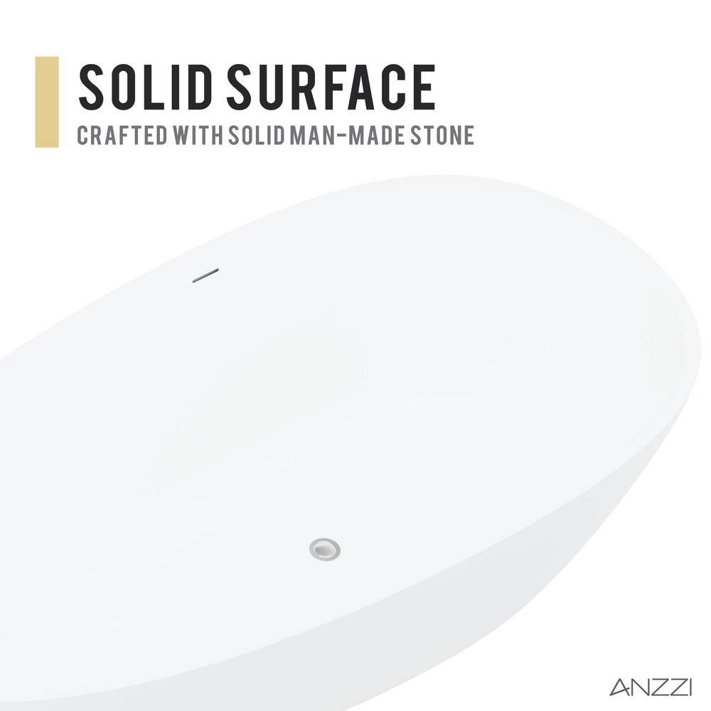 ANZZI Fiume 5.6 ft (67 in.) Man-Made Stone Center-Drain Freestanding Soaking Bathtub, Matte White