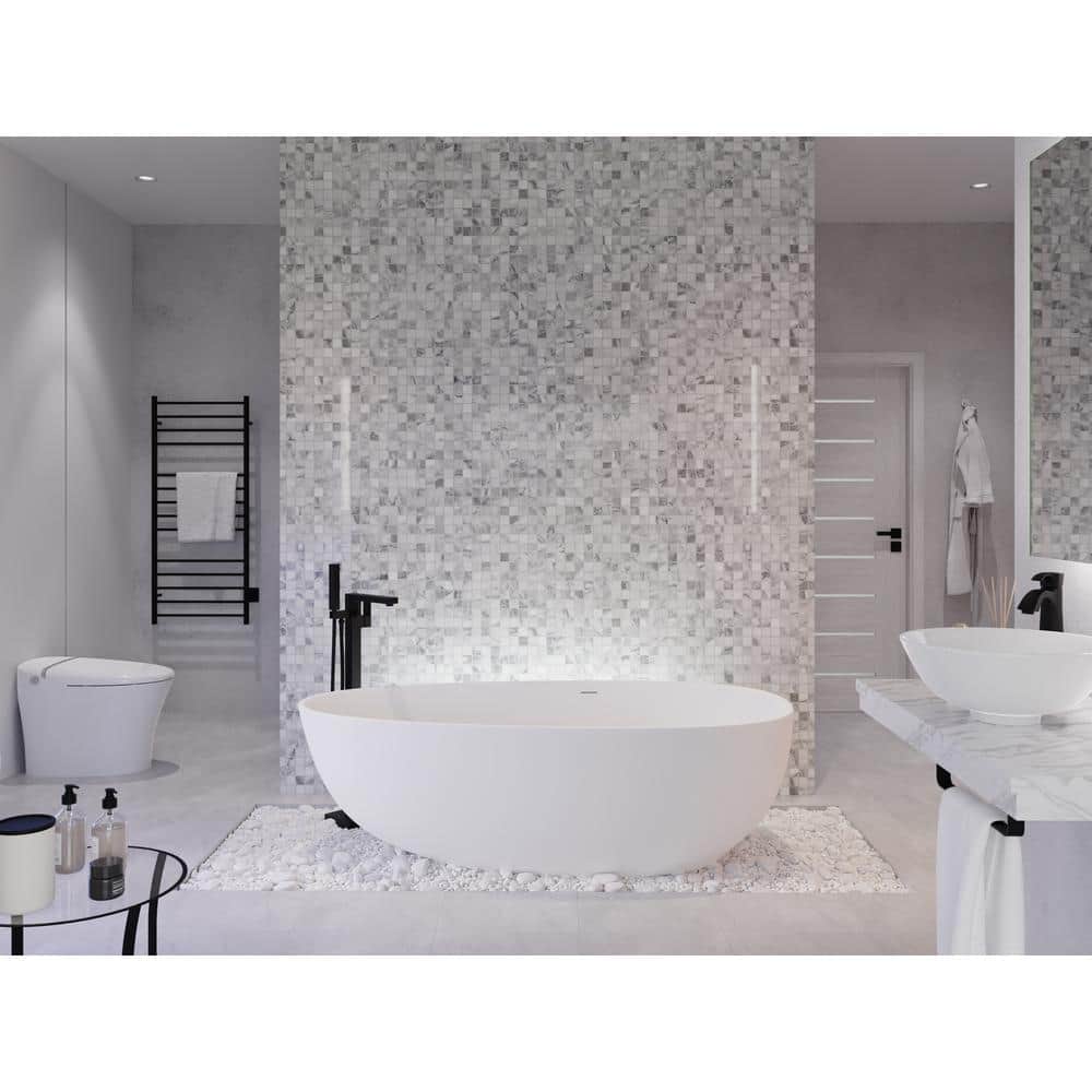 ANZZI Fiume 5.6 ft (67 in.) Man-Made Stone Center-Drain Freestanding Soaking Bathtub, Matte White