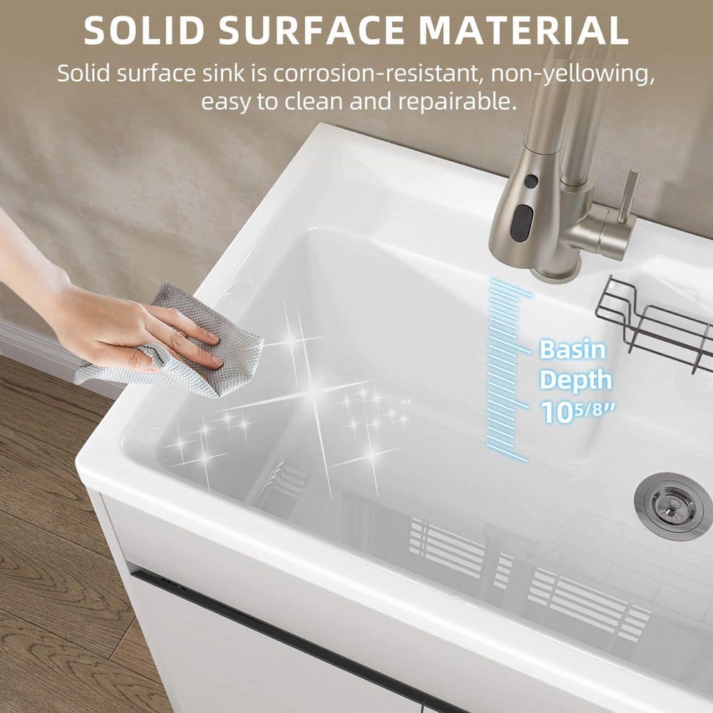 Getpro 30 in. Freestanding Solid Surface Laundry Utility Sink with Faucet and Cabinet