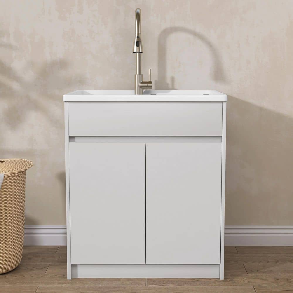 Getpro 30 in. Freestanding Solid Surface Laundry Utility Sink with Faucet and Cabinet