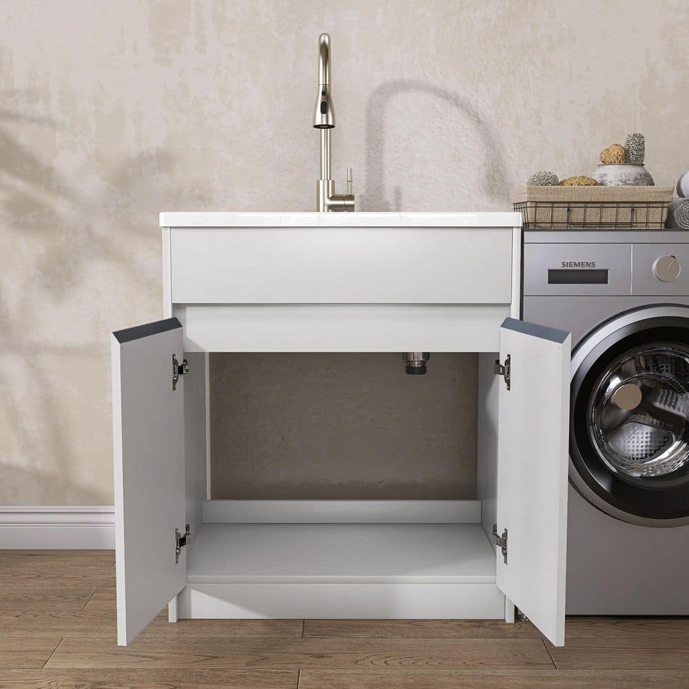 Getpro 30 in. Freestanding Solid Surface Laundry Utility Sink with Faucet and Cabinet