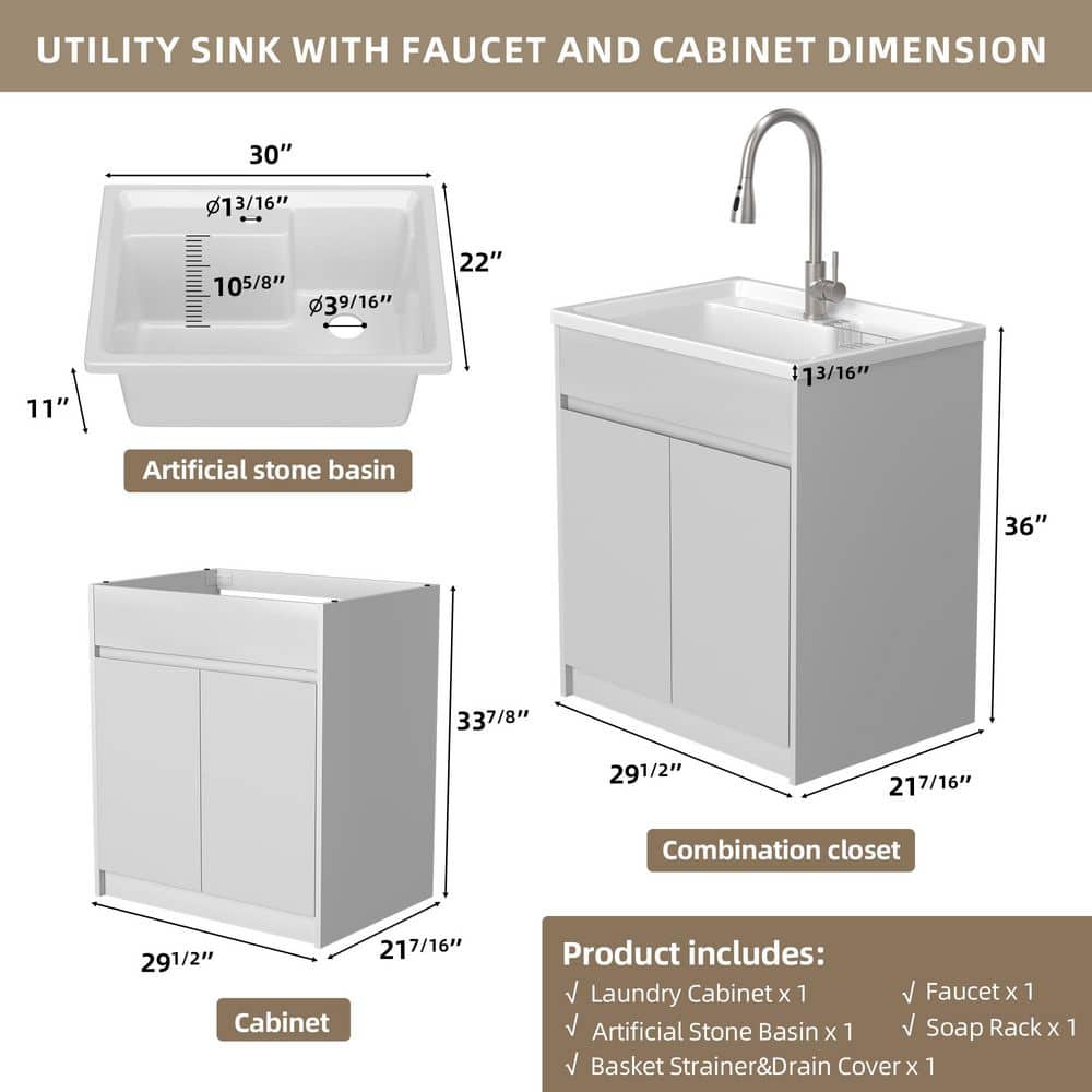 Getpro 30 in. Freestanding Solid Surface Laundry Utility Sink with Faucet and Cabinet