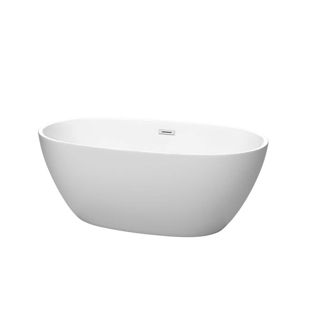 Wyndham Collection Juno 59 in. Acrylic Freestanding Bathtub, Matte White with Chrome Trim
