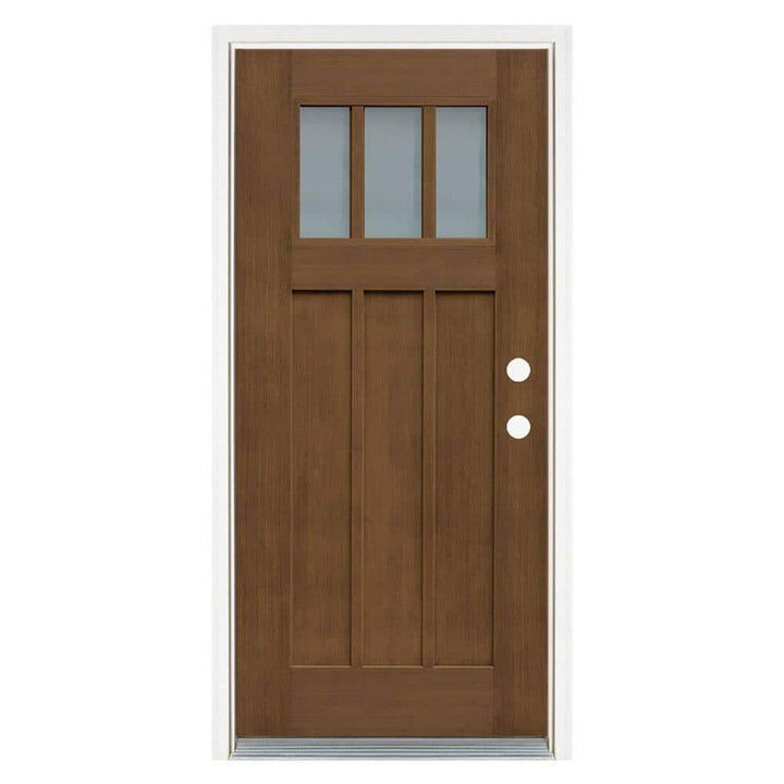 36 in. x 80 in. Medium Oak Left-Hand Inswing 3 Lite Frosted Craftsman Stained Fiberglass Prehung Front Door