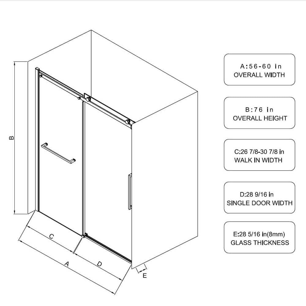 MEDUNJESS Aaby 56-60 in. W x 76 in. H Sliding Frameless Shower Door in Matte Black with 5/16 in. (8mm) Clear Glass