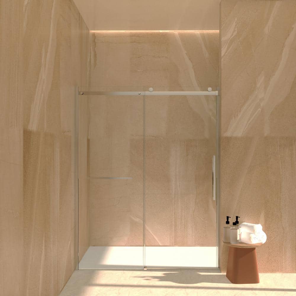MEDUNJESS Aaby 56-60 in. W x 76 in. H Sliding Frameless Shower Door in Nickel with 5/16 in. (8 mm) Clear Glass