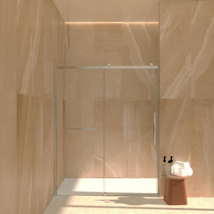 MEDUNJESS Aaby 56-60 in. W x 76 in. H Sliding Frameless Shower Door in Nickel with 5/16 in. (8 mm) Clear Glass