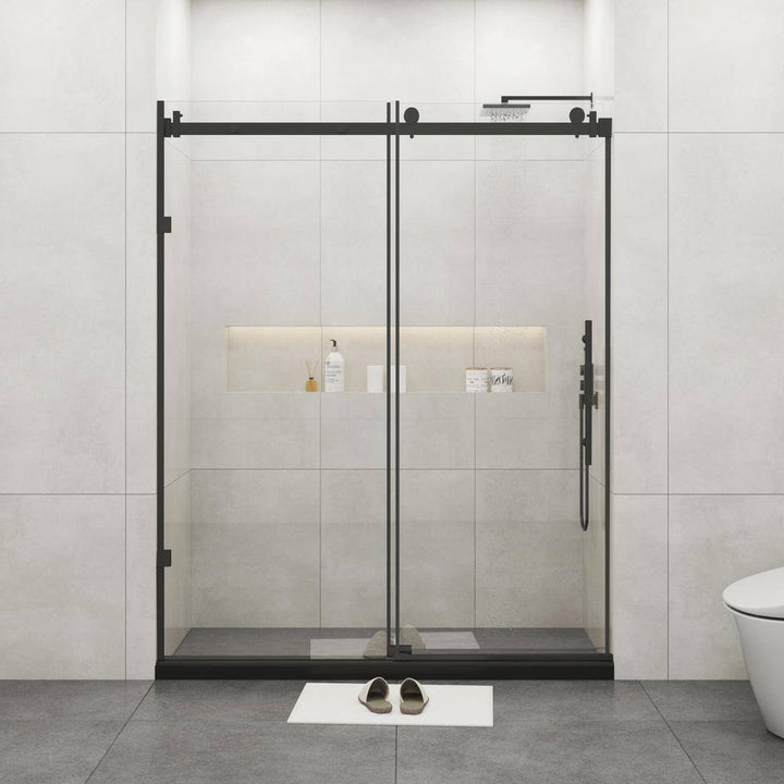 MEDUNJESS BradF 72 in. W x 76 in. H Sliding Frameless Shower Door in Matte Black with 3/8 in. (10mm) Tempered Clear Glass