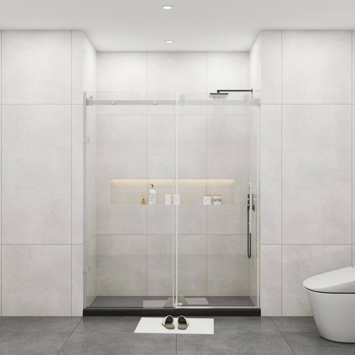 MEDUNJESS BradF 72 in. W x 76 in. H Sliding Frameless Shower Door in Brushed Nickel with 3/8 in. (10mm) Tempered Clear Glass