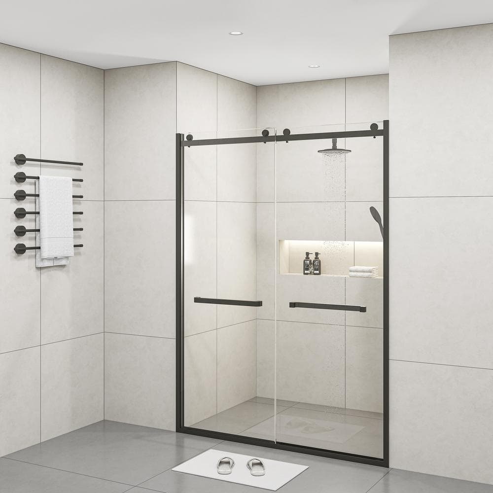 MEDUNJESS BradF 60 in. W x 76 in. H Sliding Semi-Frameless Shower Door in Matte Black with 3/8 in. (10mm) Tempered Clear Glass