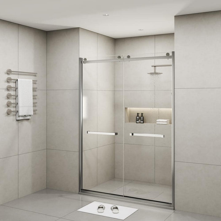 MEDUNJESS BradF 60 in. W x 76 in. H Sliding Semi-Frameless Shower Door in Brushed Nickel with 3/8 in. (10mm) Tempered Clear Glass