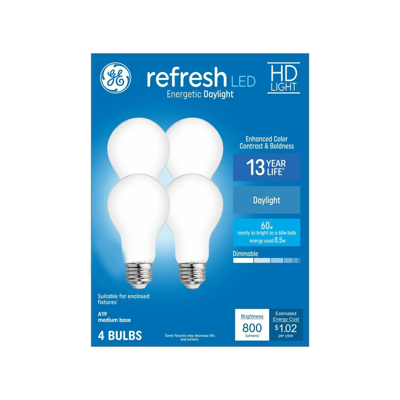 Energy Star Qualified; GE Refresh 60-Watt EQ A19 Daylight Dimmable LED Light Bulb (4-Pack)