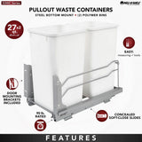 Rev-A-Shelf 27-Quart Double Pull-Out Trash Can with Soft-Close Slides, Steel Frame