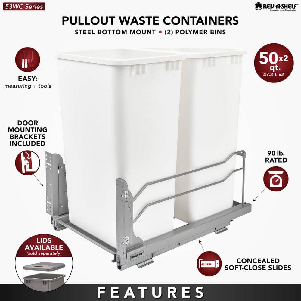 Rev-A-Shelf 50-Quart Plastic Soft-Close Double Pull-Out Trash Can, Metallic Silver, 14.75 in W x 22.25 in D x 22.88 in H