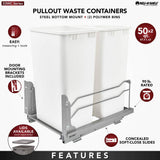 Rev-A-Shelf 50-Quart Plastic Soft-Close Double Pull-Out Trash Can, Metallic Silver, 14.75 in W x 22.25 in D x 22.88 in H
