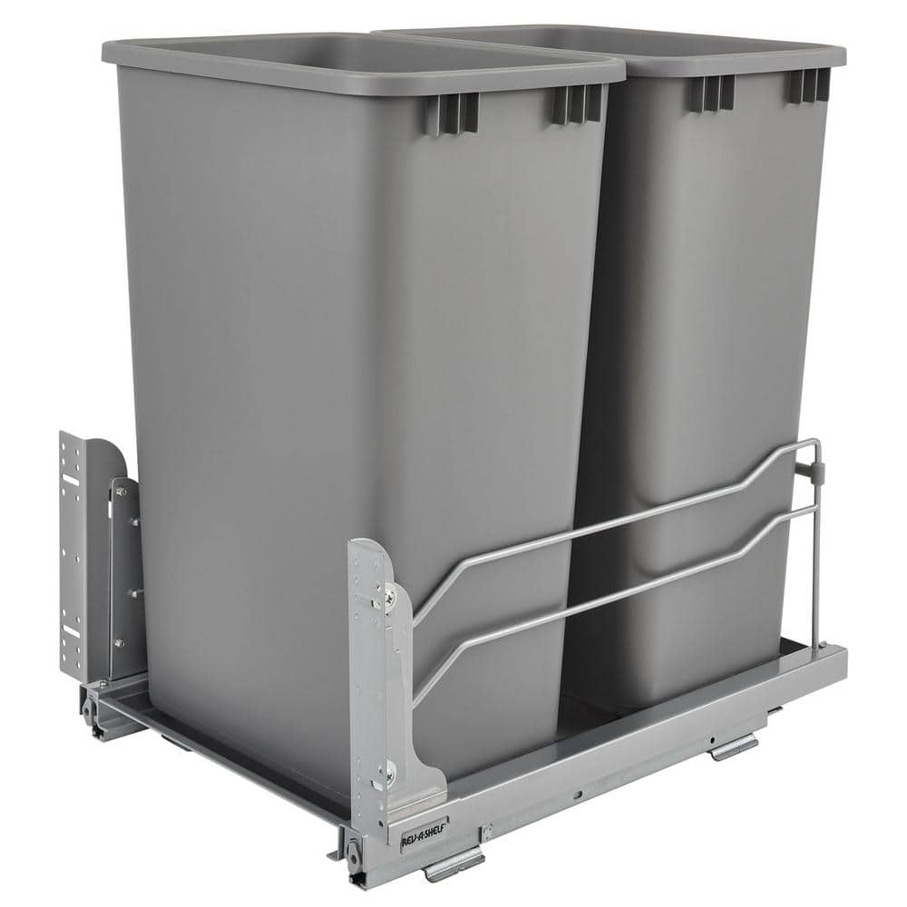 Rev-A-Shelf 50-Quart Plastic Soft-Close Double Pull-Out Trash Can, Metallic Silver, 14.75 in W x 22.25 in D x 22.88 in H