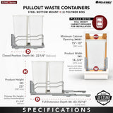 Rev-A-Shelf 50-Quart Plastic Soft-Close Double Pull-Out Trash Can, Metallic Silver, 14.75 in W x 22.25 in D x 22.88 in H