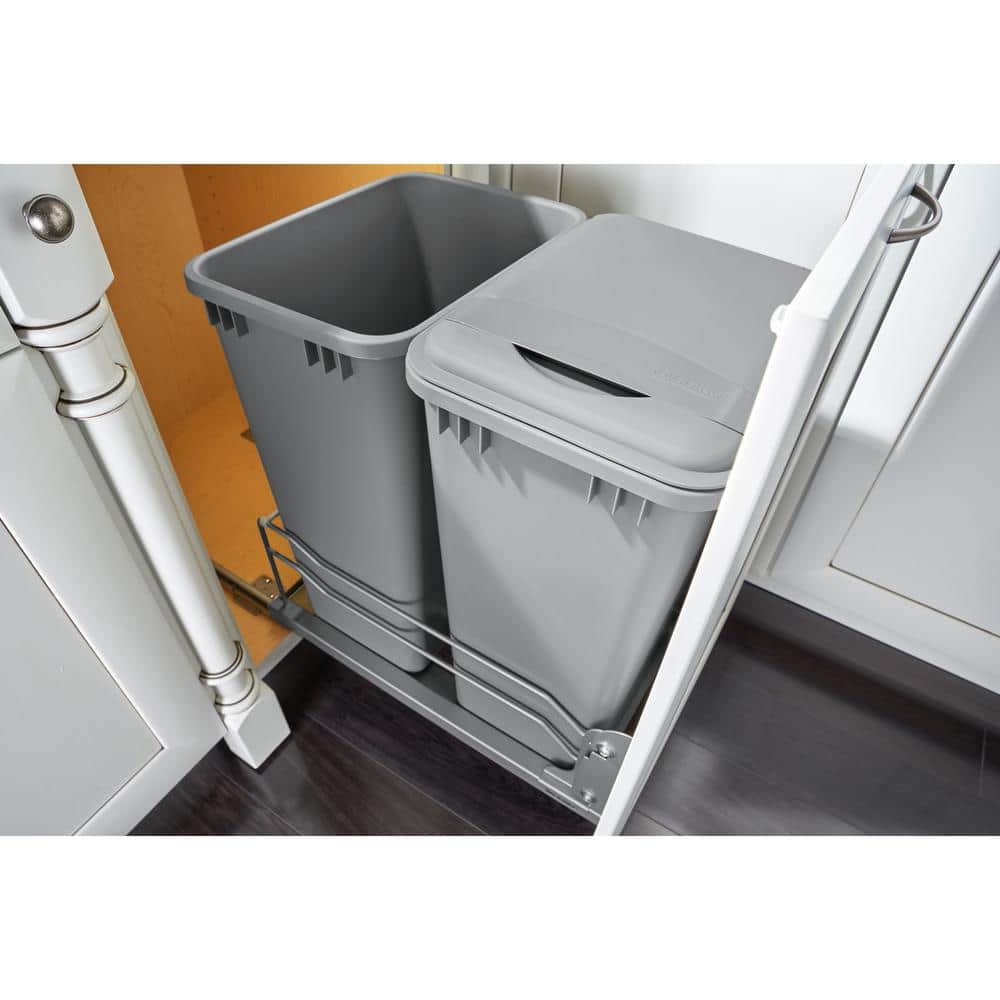 Rev-A-Shelf 50-Quart Plastic Soft-Close Double Pull-Out Trash Can, Metallic Silver, 14.75 in W x 22.25 in D x 22.88 in H