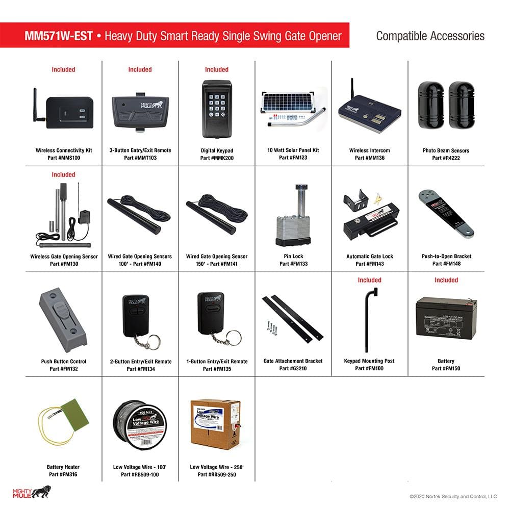 Mighty Mule Heavy Duty Single Swing Smart Ready Gate Opener Estate Combo Kit Solar Capable