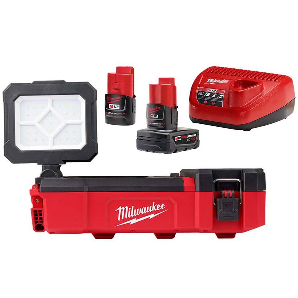 Milwaukee M12 12V Lithium-Ion Cordless PACKOUT Flood Light with USB Charging and M12 XC 4.0 Ah Battery Pack
