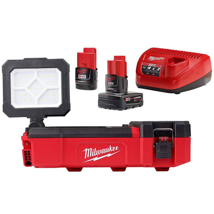 Milwaukee M12 12V Lithium-Ion Cordless PACKOUT Flood Light with USB Charging and M12 XC 4.0 Ah Battery Pack