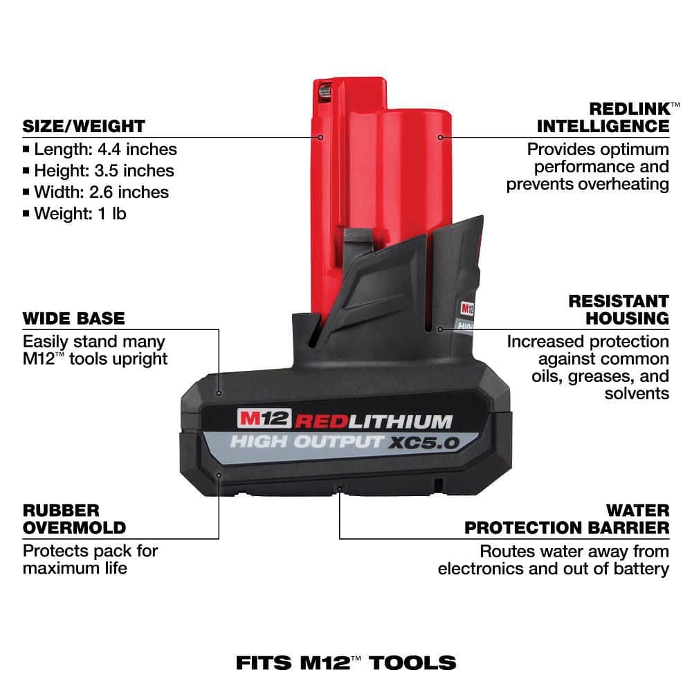 Milwaukee M12 12V REDLITHIUM High Output Battery Bundle, CP2.5 + XC5.0