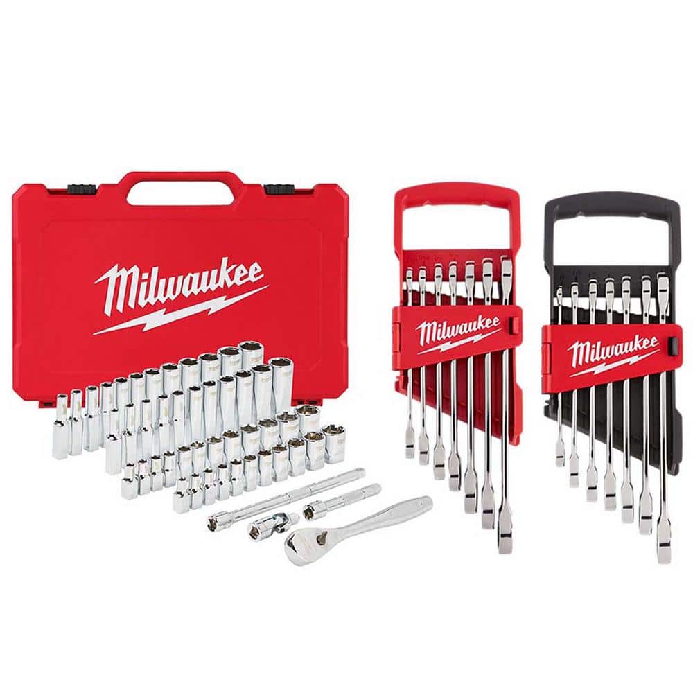 Milwaukee 1/4 in. Drive SAE/Metric Ratchet, Socket & Combination Ratcheting Wrench Mechanics Tool Set (64-Piece)