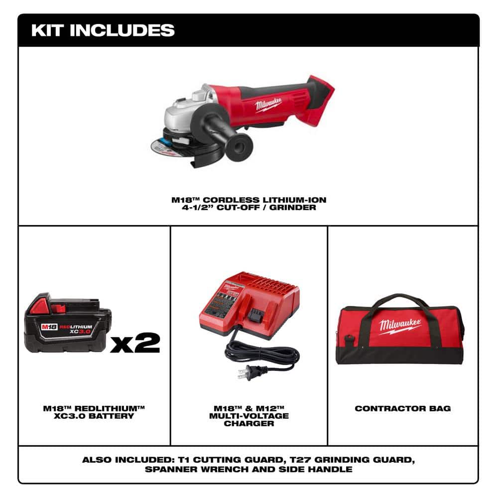 Milwaukee M18 18-Volt Lithium-Ion Cordless 4-1/2 in. Cut-Off/Angle Grinder Kit with (2) 3.0Ah Batteries, Charger & Tool Bag