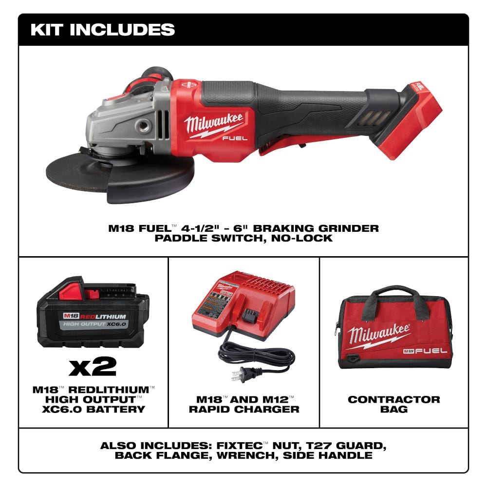 Milwaukee M18 FUEL 18V Lithium-Ion Brushless Cordless 4-1/2 in./6 in. Grinder with Paddle Switch Kit and Two 6.0 Ah Battery