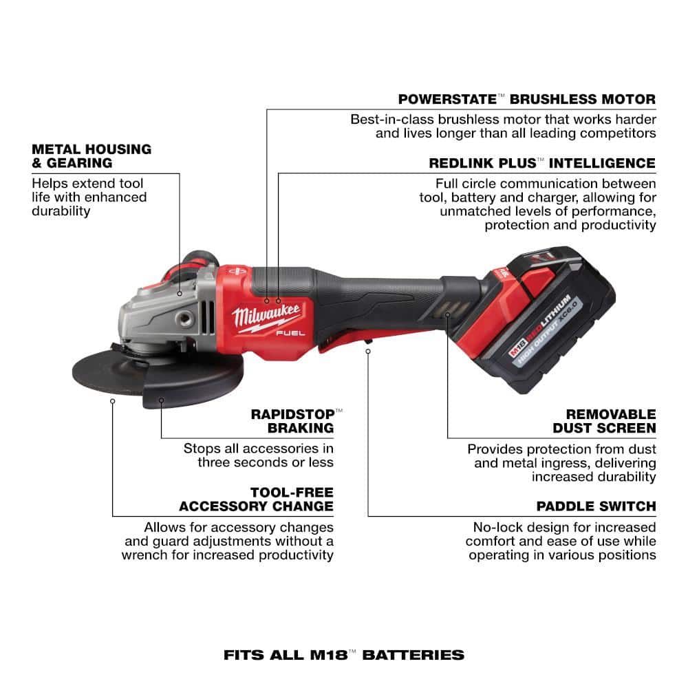 Milwaukee M18 FUEL 18V Lithium-Ion Brushless Cordless 4-1/2 in./6 in. Grinder with Paddle Switch Kit and Two 6.0 Ah Battery