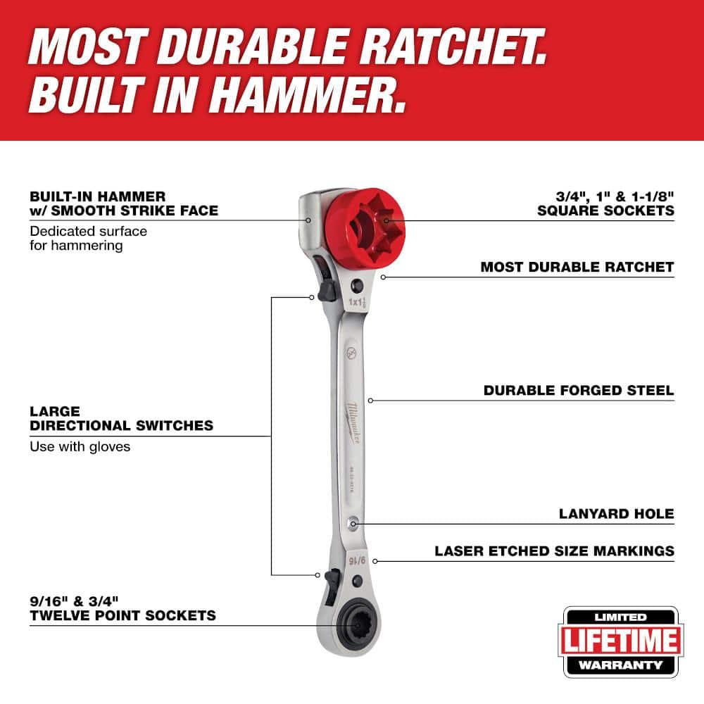 Milwaukee Lineman’s 5-in-1 3/4 in. Ratcheting Wrench w/ Smooth Strike Face + Lineman’s 2-in-1 Insulated Ratcheting Box Wrench Set (Model 48-22-9216 & 48-22-9211)