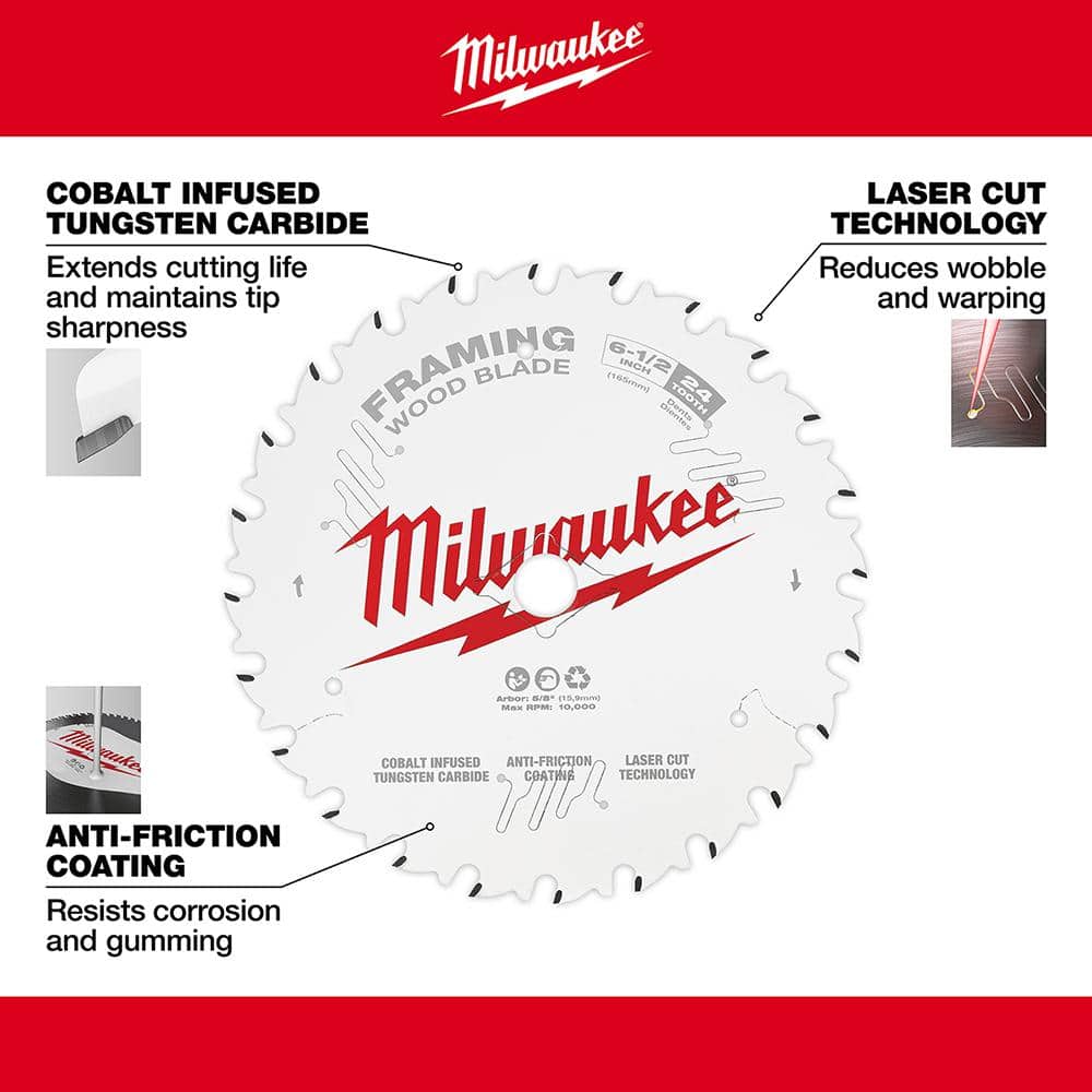 Milwaukee 6-1/2 in. x 24-Tooth Carbide Framing Circular Saw Blade (2-Pack)