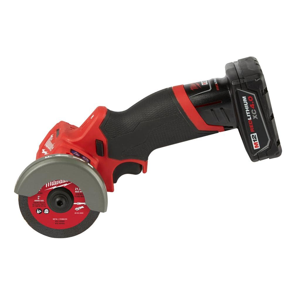 Milwaukee M12 FUEL 12-Volt 3 in. Brushless Cordless Cut Off Saw Kit with XC4.0 Battery, Charger, Bag & M12 Flood Light