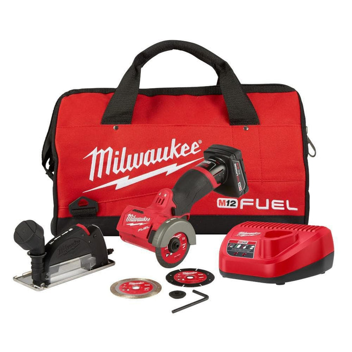 Milwaukee M12 FUEL 12-Volt 3 in. Brushless Cordless Cut Off Saw Kit with XC4.0 Battery, Charger, Bag & M12 Flood Light