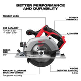 Milwaukee M18 18V Lithium-Ion Cordless 6-1/2 in. Circular Saw Kit with Two 3.0Ah Batteries, 2630-20 + 48-11-1837