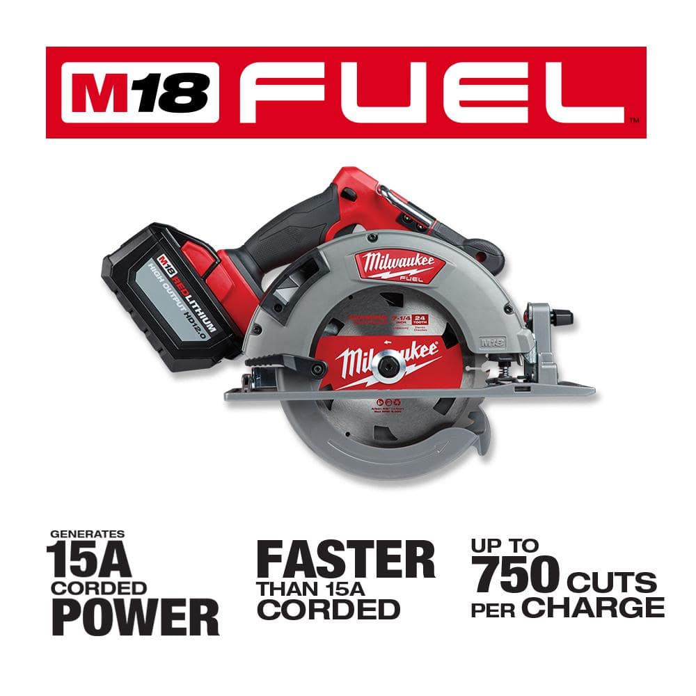 Milwaukee M18 FUEL 18V Brushless Cordless 7-1/4 in. Circular Saw Kit with 12.0Ah Battery, Rapid Charger and Bag