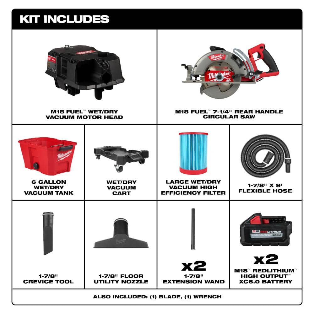 Milwaukee M18 FUEL 18V Litj-Ion Cordless 7-1/4 in. Rear Handle Circ Saw w/Wet/Dry Shop Vac & (2) High Output 6.0Ah Battery Pack
