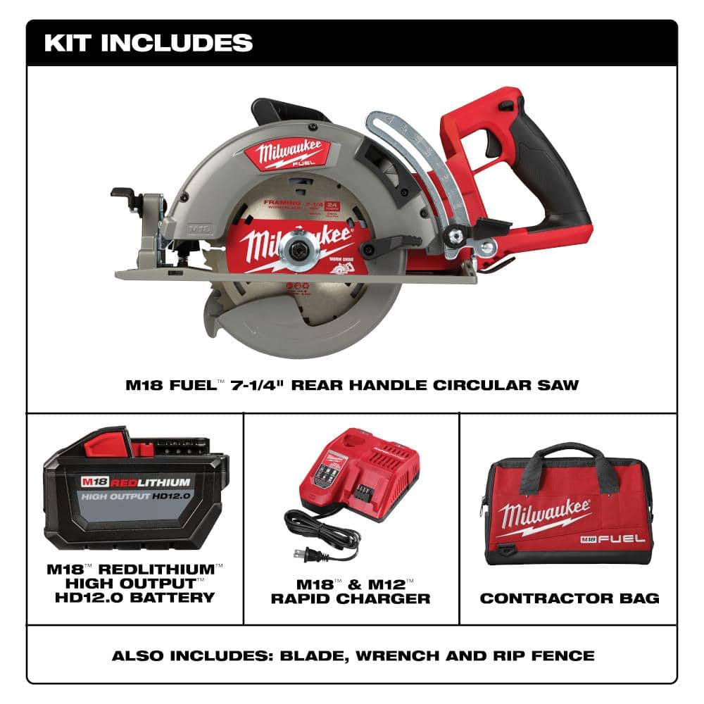 Milwaukee M18 FUEL 18-Volt 7-1/4 in. Cordless Rear-Handle Circular Saw Kit with 12.0Ah Battery and Rapid Charger