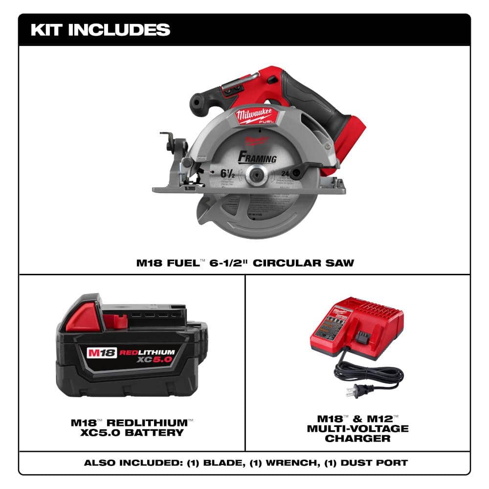 Milwaukee M18 FUEL 18V Brushless Cordless 6-1/2 in. Circular Saw Kit with 5.0Ah Battery, Charger and Tool Bag