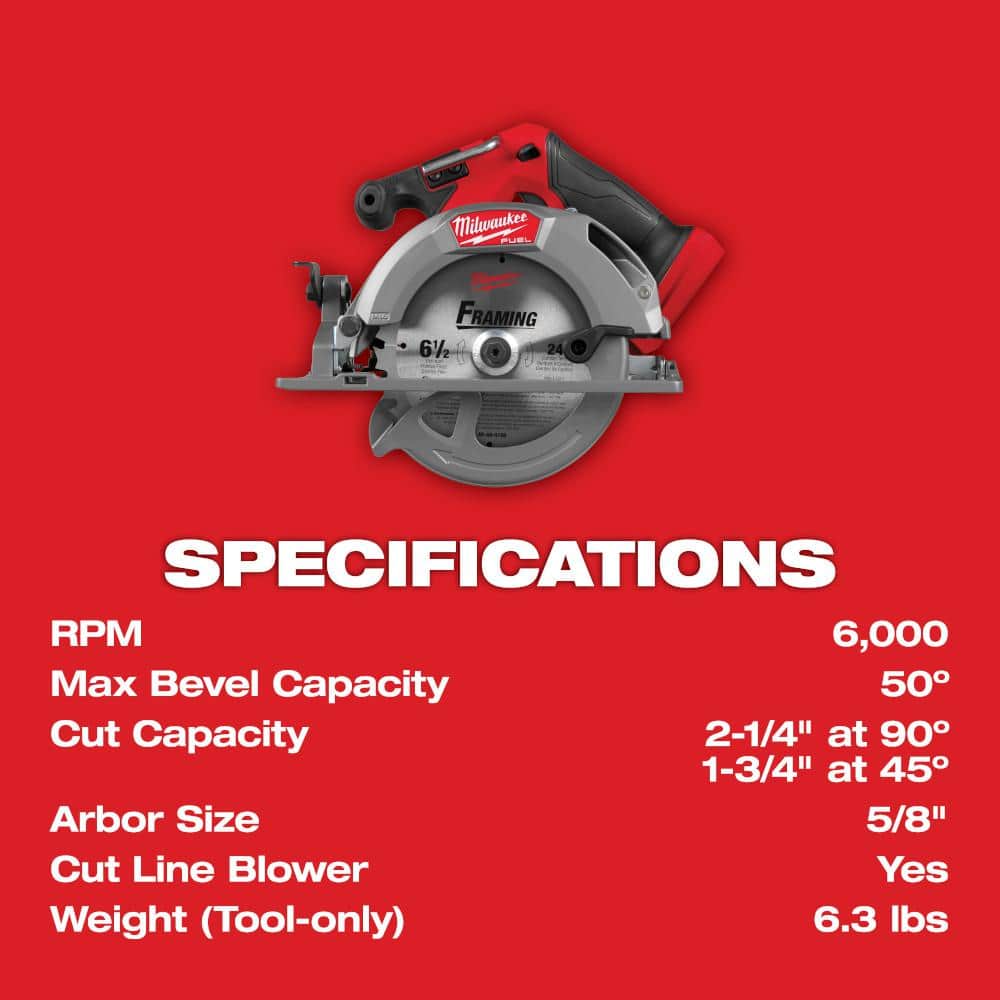Milwaukee M18 FUEL 18V Brushless Cordless 6-1/2 in. Circular Saw Kit with 5.0Ah Battery, Charger and Tool Bag