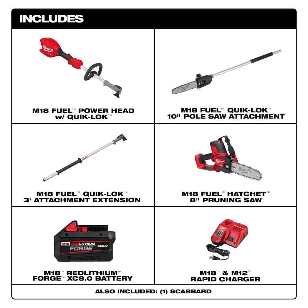 Milwaukee M18 FUEL 18V Brushless 8 in. HATCHET Pruning Saw + M18 FUEL QUIK-LOK Telescoping Pole Pruning Shears, (2) M18 FORGE 8.0Ah Batteries