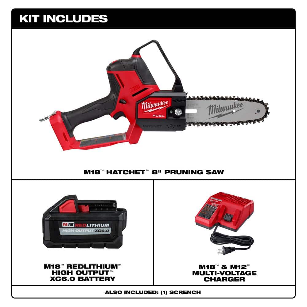Milwaukee M18 FUEL 8 in. 18V Lithium-Ion Brushless HATCHET Pruning Chainsaw Kit w/ HIGH OUTPUT XC6.0 Battery