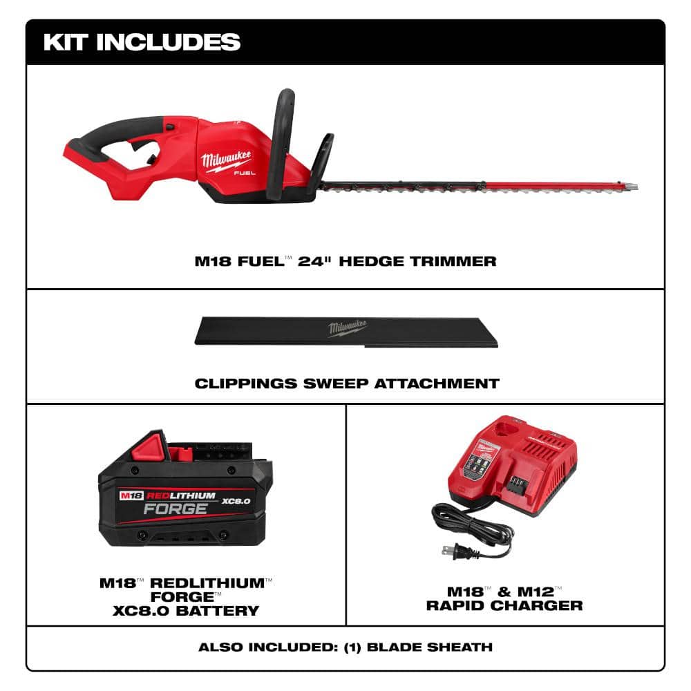 Milwaukee M18 FUEL 24" Cordless Hedge Trimmer Kit with 8.0 Ah FORGE Battery & Rapid Charger, 3033-21