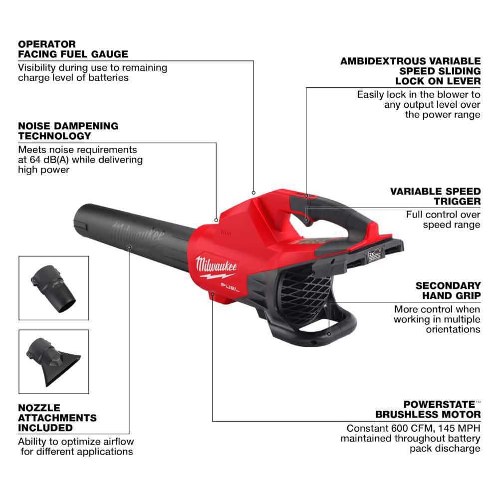 Milwaukee M18 FUEL Dual Battery 145 MPH 600 CFM 18V Lithium-Ion Brushless Cordless Handheld Blower with M18 HATCHET Pruning Saw