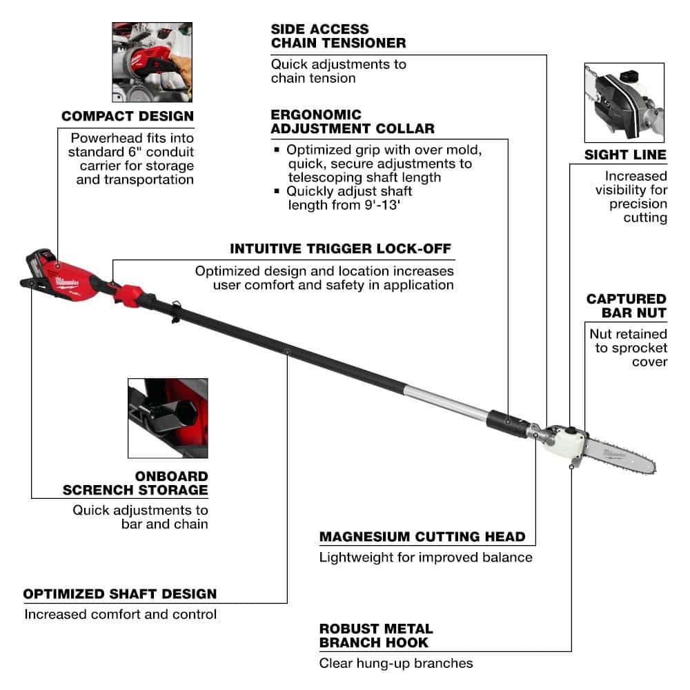 Milwaukee M18 FUEL 10 in. 18V Brushless Cordless Telescoping Pole Saw Kit with 8 in. Hatchet Pruning Saw, 12.0Ah Battery & Rapid Charger