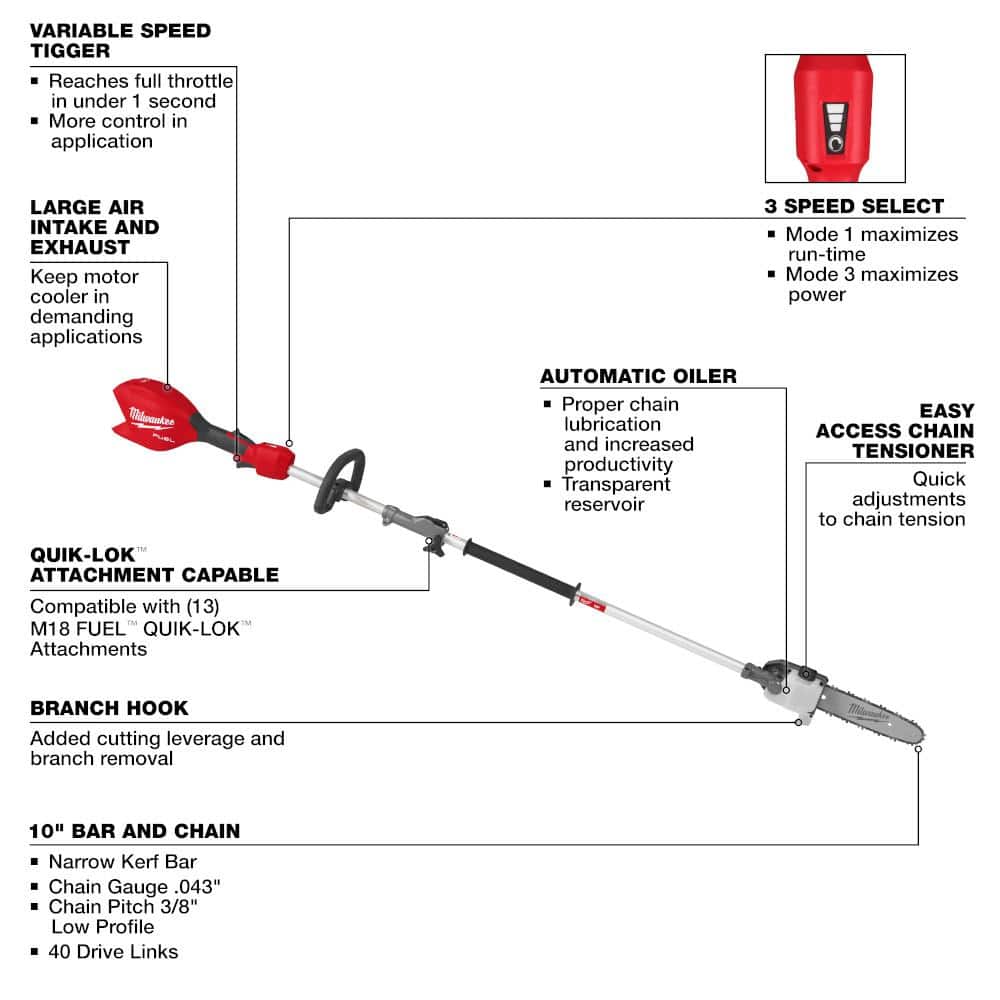 Milwaukee M18 FUEL 10" Brushless Cordless Pole Saw with QUIK-LOK Attachment Capability, Tool-Only