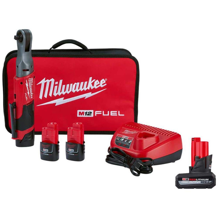 Milwaukee M12 FUEL 12V Lithium‑Ion Brushless 3/8 in. Cordless Ratchet Kit with (2) 2.0Ah Batteries, Charger, Bag & SAE Socket Set